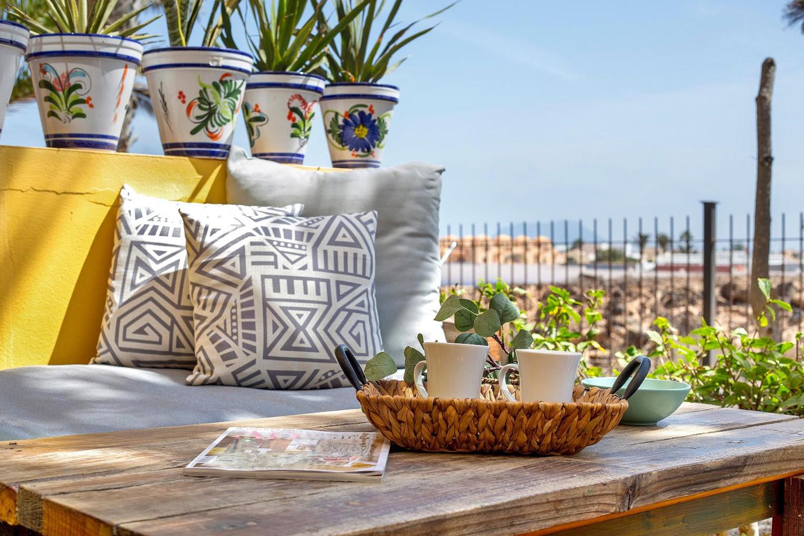Coffee table with cups and plants